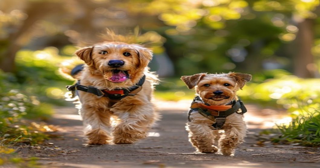 Two dogs wearing different styles of harnesses during a comfortable outdoor walk