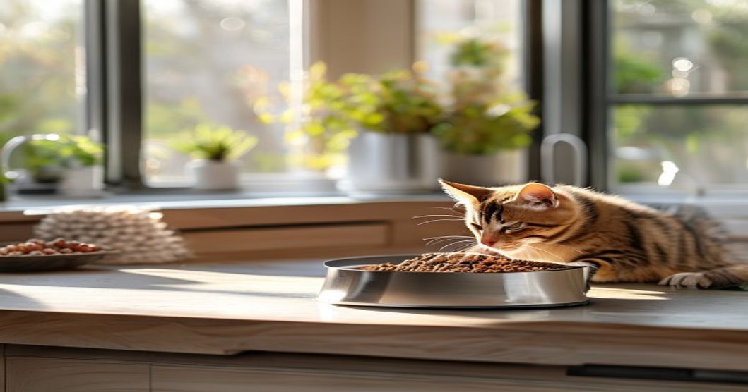 Best automatic cat feeder on kitchen counter with cat approaching food bowl