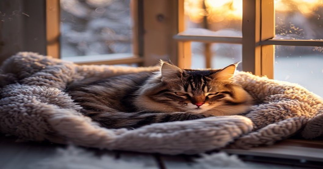 Orange tabby cat sleeping peacefully in a heated pet bed during winter, demonstrating how outdoor cats stay warm