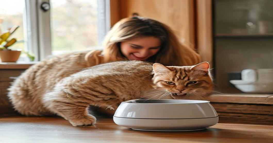 Diabetic cat eating from an automatic feeder with portion control, owner supervising in bright kitchen with natural light