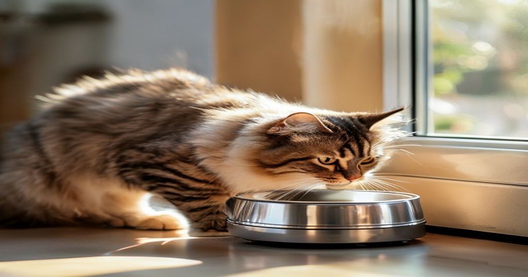 tabby cat eating from automatic cat feeder with stainless steel bowl for wet food