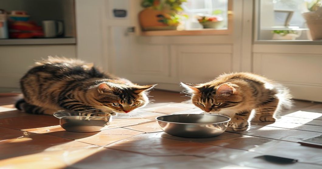 Automatic cat feeder with app control in a multi-cat household kitchen setting