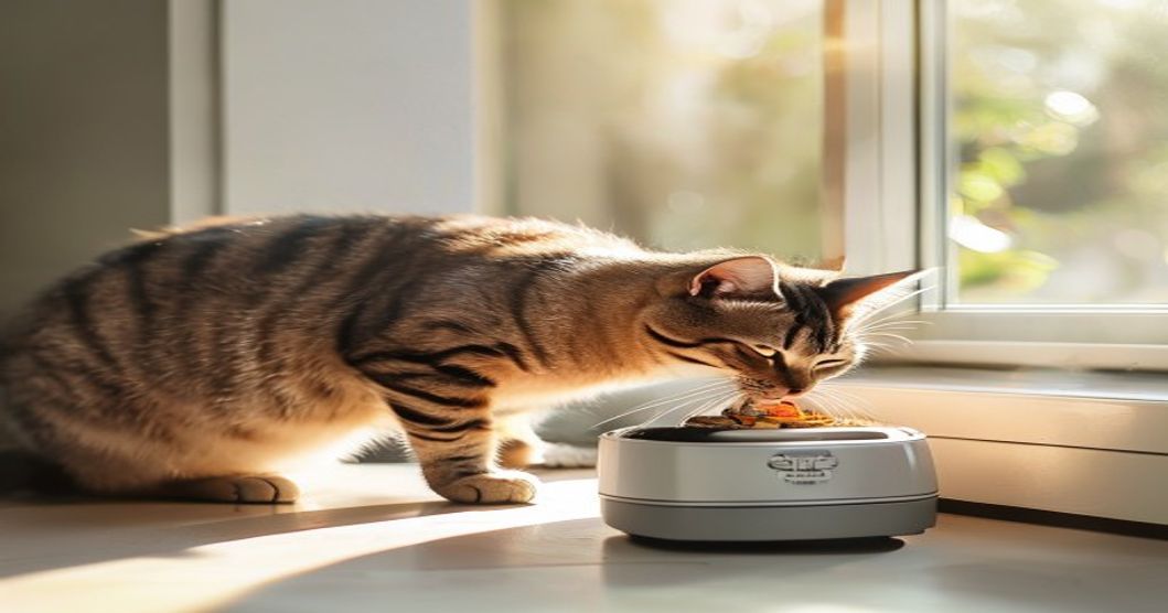 Happy cat eating from an automatic feeder with backup battery during daytime in a bright home kitchen