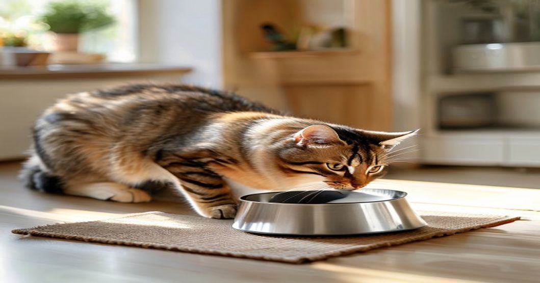 Automatic cat feeder with slow feed mode helping a tabby cat eat at a healthier pace