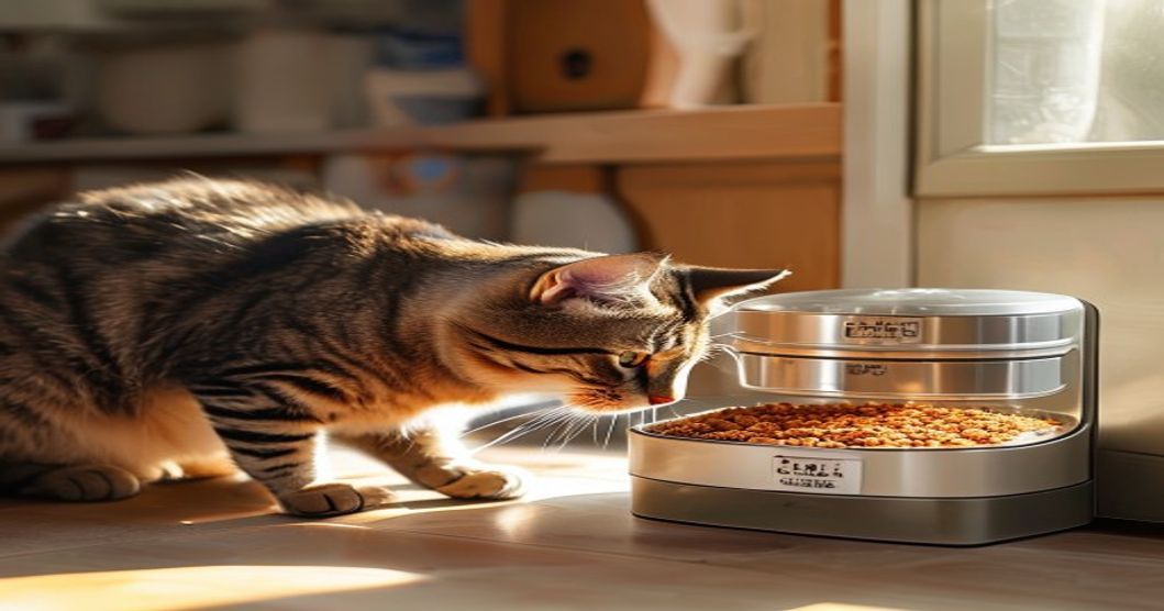 Tabby cat eating from an automatic dual chamber cat feeder with wet and dry food compartments