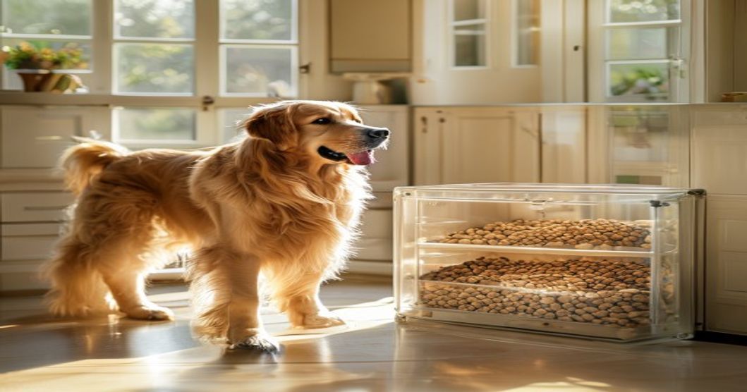 Happy dog next to an open airtight pet food storage container filled with dry kibble in a warm, well-lit kitchen