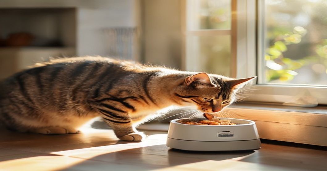 Tabby cat eating from an automatic feeder with freeze-dry compartment in a bright, warm home kitchen