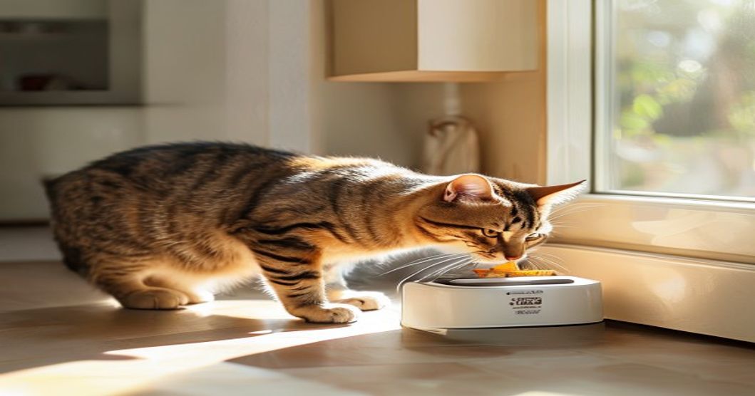 Tabby cat using an automatic feeder with infrared detection to prevent raccoon access