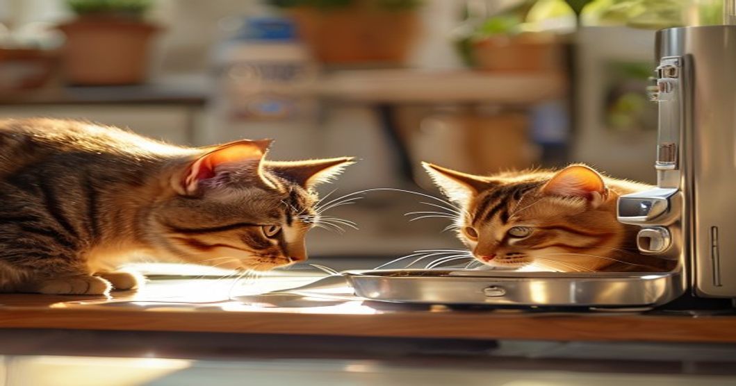 Two cats eating from individual automatic feeders with voice recognition in a bright kitchen