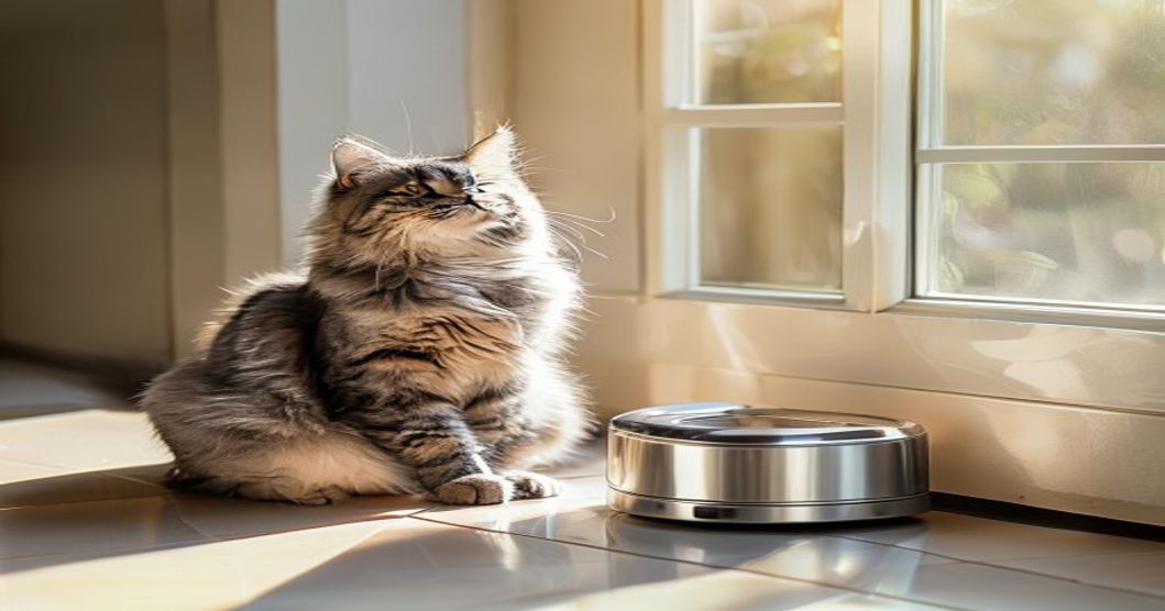 Senior cat next to automatic feeder with meal alerts to prevent overfeeding