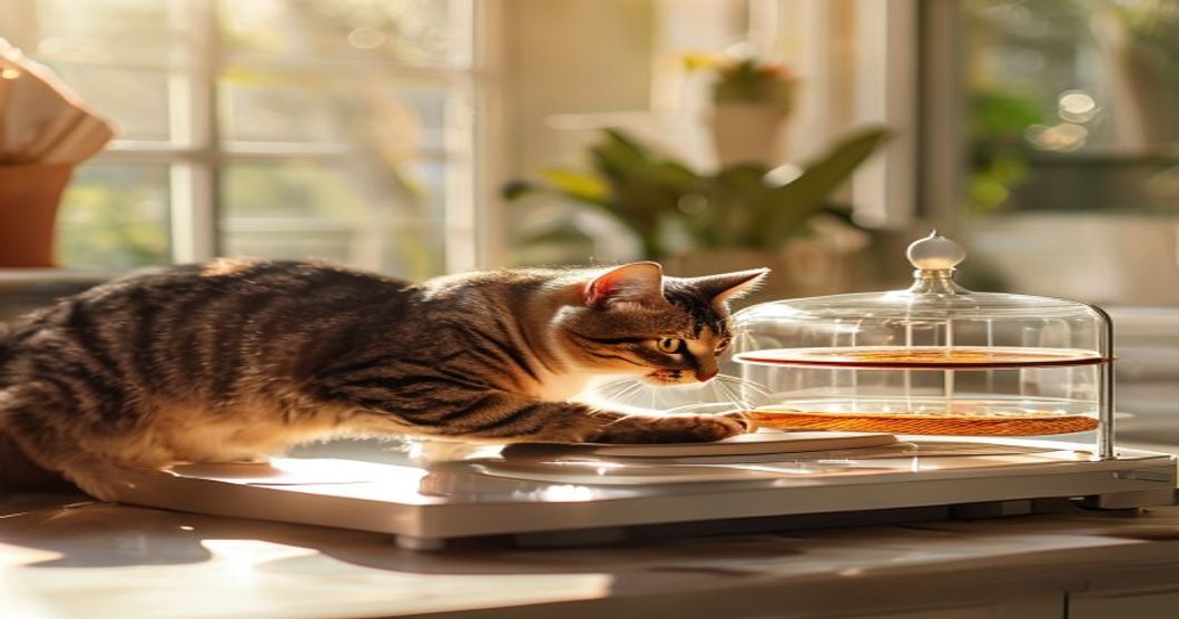 Automatic cat feeder with rotatable carousel positioned on a kitchen counter with a cat eating, showing portion control design