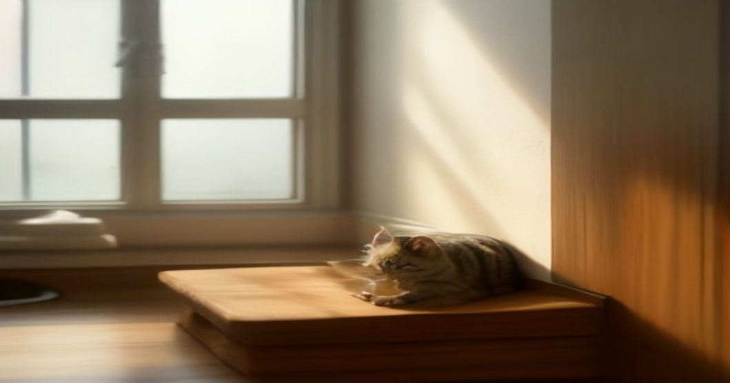 Tabby cat eating from automatic feeder with moisture sensor in a warm, sunlit home kitchen