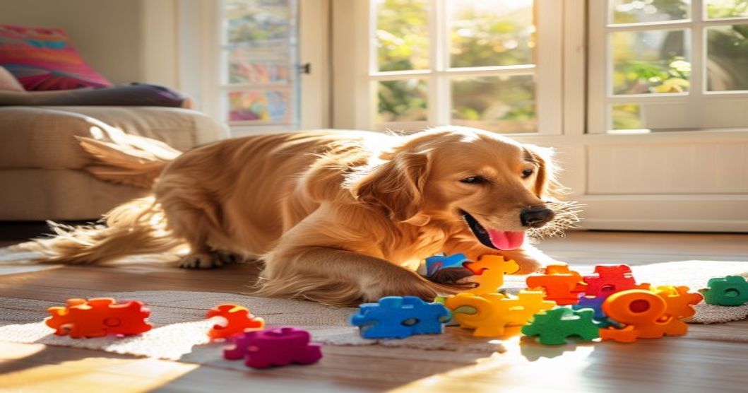 Best interactive dog toys for boredom: golden retriever engaged with enrichment puzzle toy indoors