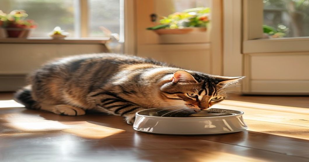 Elevated cat food bowl for better digestion - cat eating from raised feeder at proper height