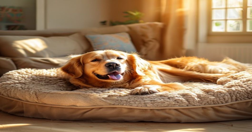 Senior dog resting on the best orthopedic dog bed in a cozy home setting