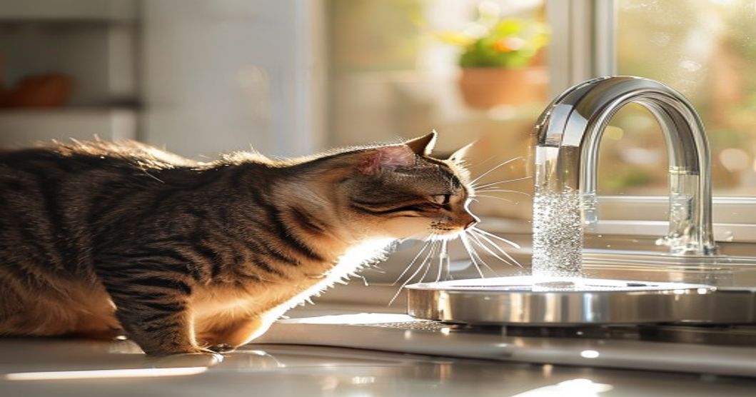 Cat drinking from a filtered pet water fountain in a home kitchen setting