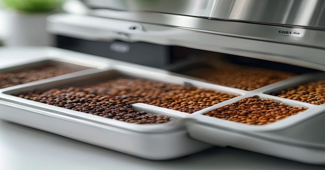 Detailed view of dual chamber automatic feeder wet and dry food compartments