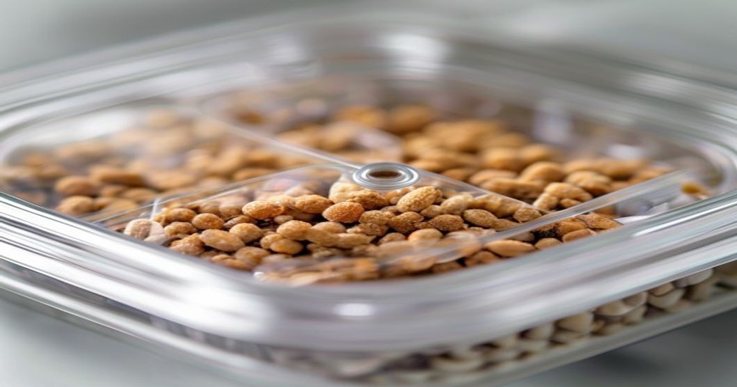 Close-up of airtight seal mechanism on a pet food storage container with kibble visible inside