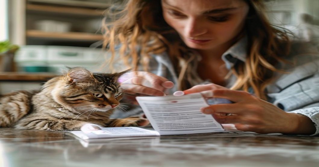Pet owner reviewing allergy medication label and safety information for cats