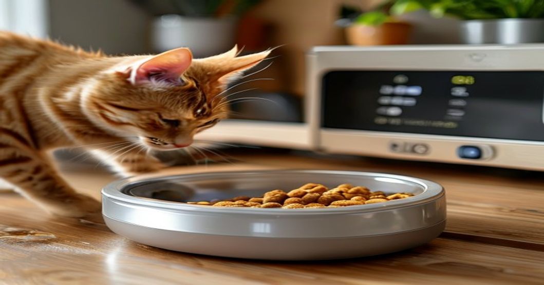 Automatic feeder display showing scheduled meal alert with portion size for cats