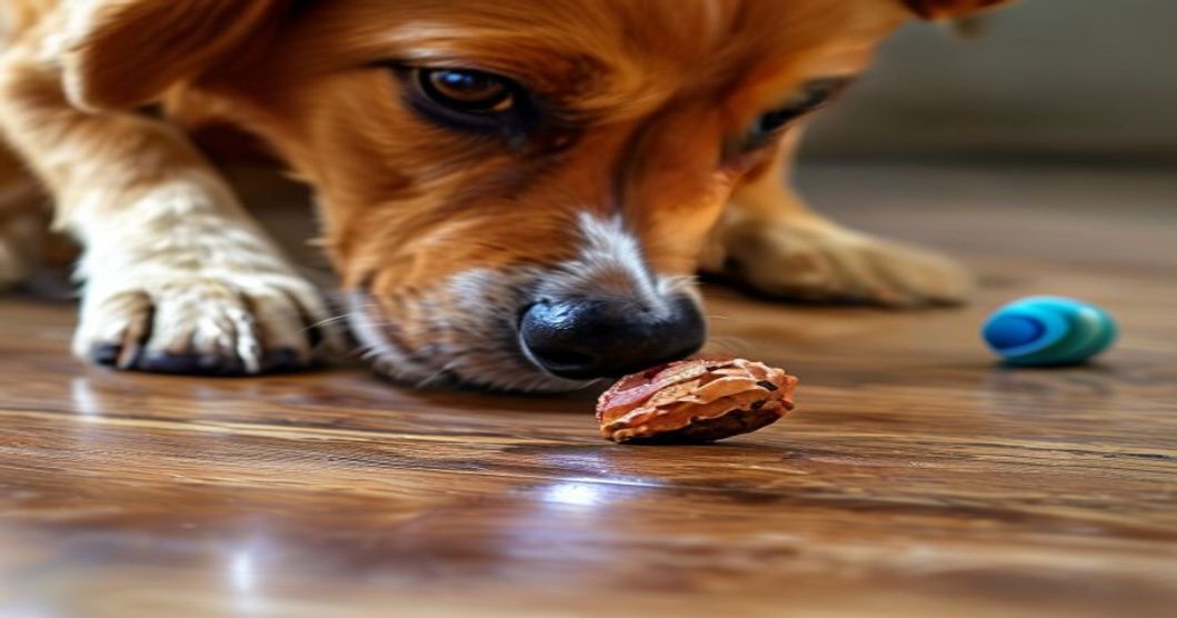 Interactive treat-dispensing toy engaging a dog's natural foraging instinct during play