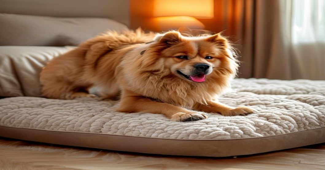 Senior dog stepping onto orthopedic memory foam dog bed for joint support