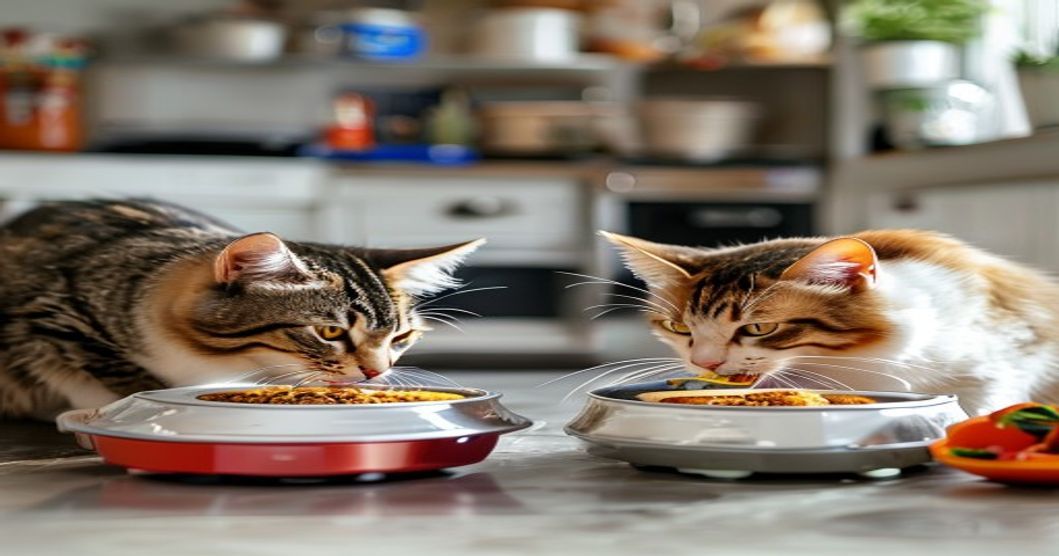 Multiple automatic feeders set up for different cats, showing meal-time routine with portion control management