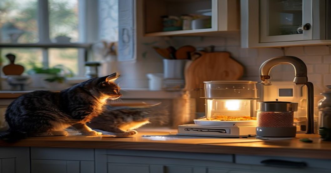 automatic cat feeder setup in home kitchen with stainless steel bowl placement