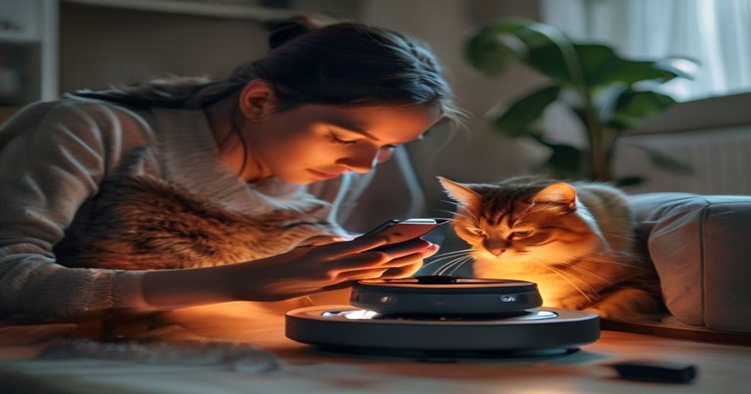 Cat owner monitoring automatic feeder during power outage using app control on phone