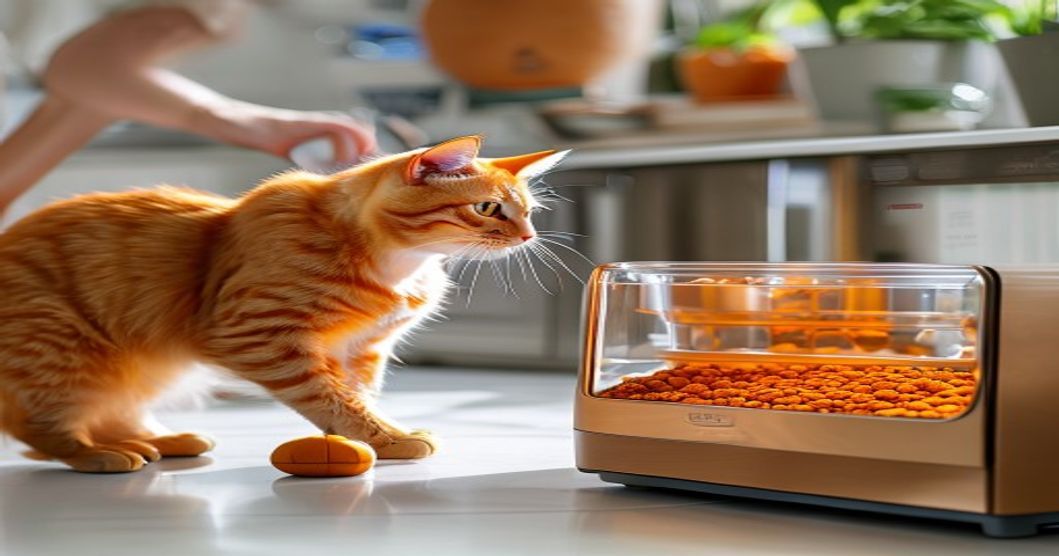Cat using automatic dual chamber feeder while owner refills dry food storage
