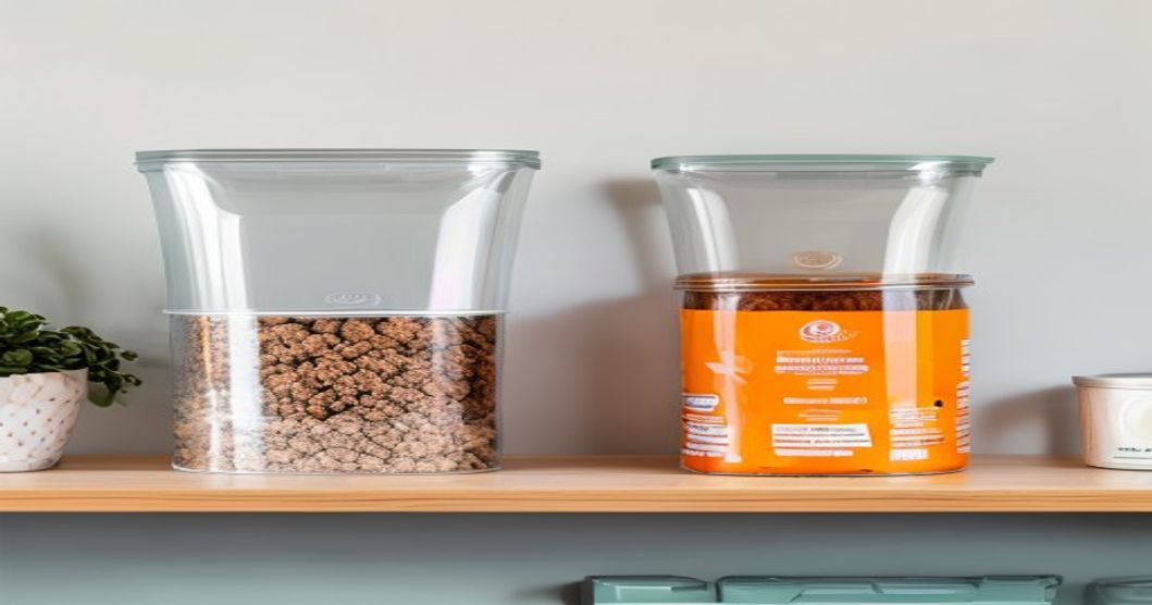 Comparison of different pet food storage container styles organized on a pantry shelf