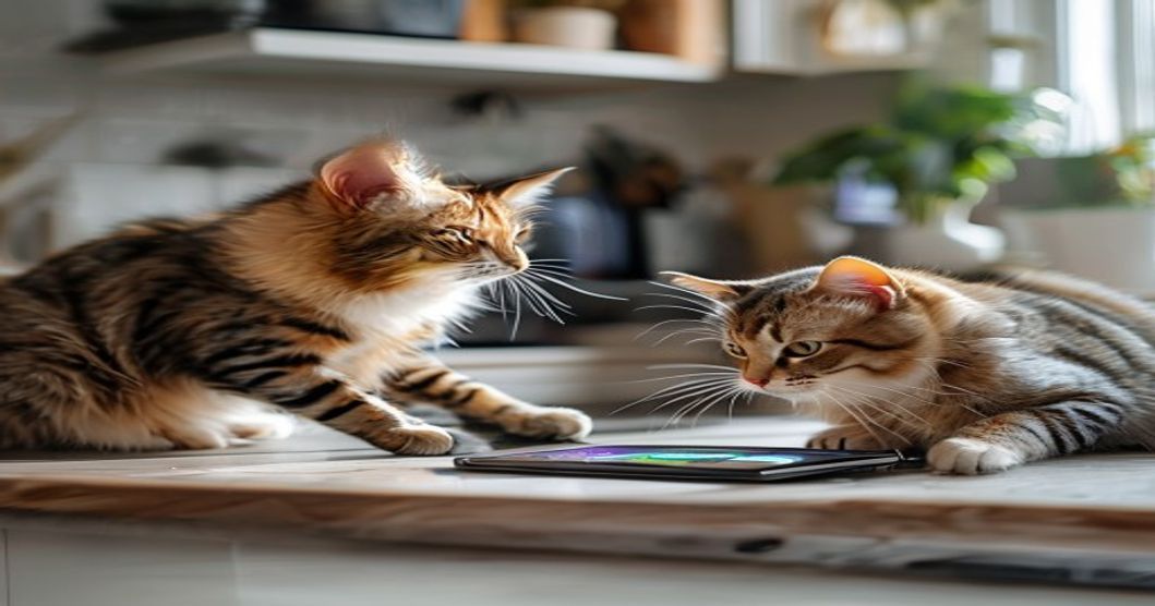 Pet owner programming automatic feeder settings on smartphone app while cat waits nearby