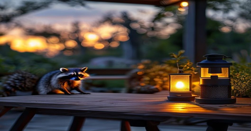 Outdoor automatic feeder setup with infrared protection against raccoons
