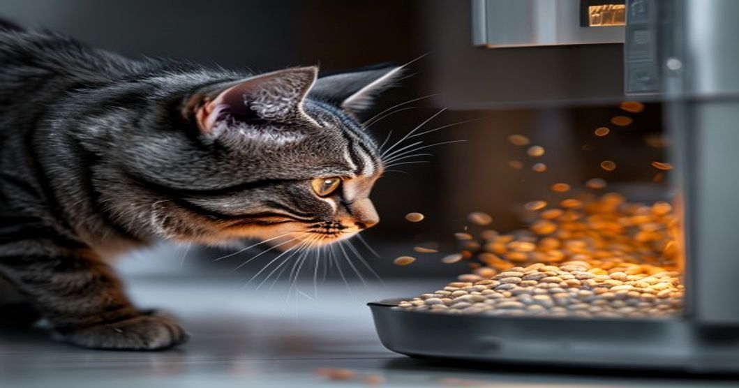 Cat triggering automatic feeder activation through voice or motion sensor