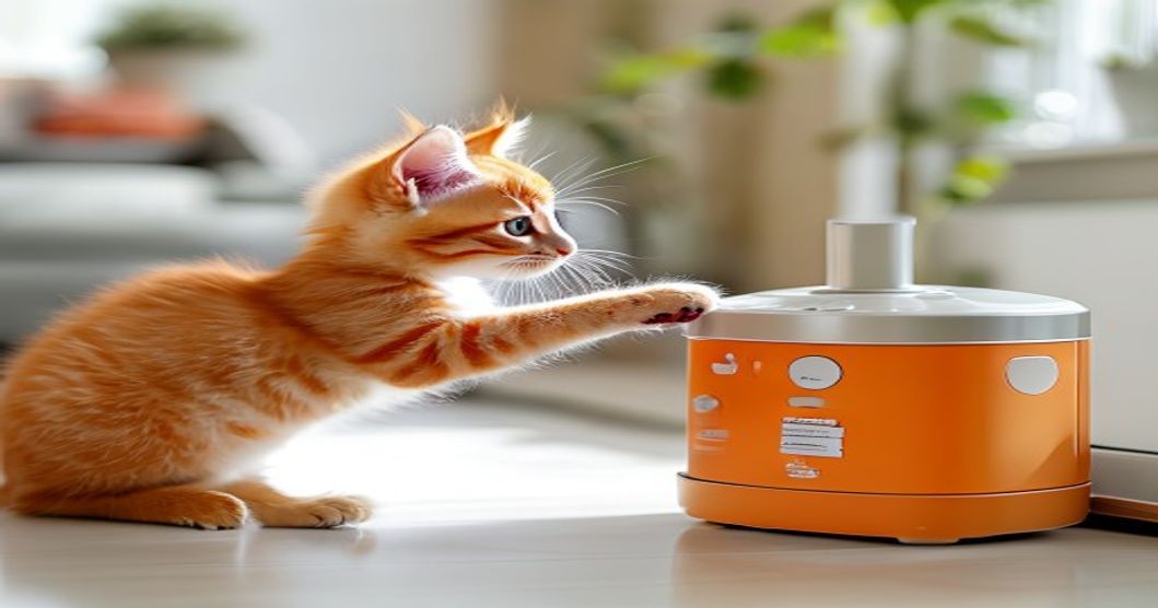Cat trying to knock over automatic feeder but prevented by anti-jamming guard design