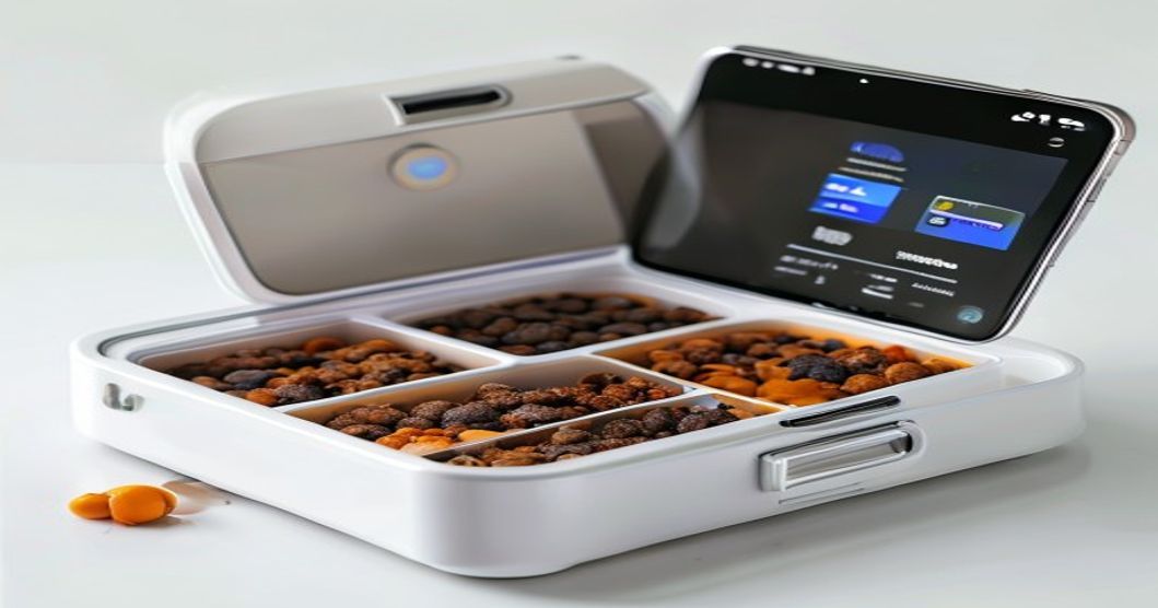 Multi-compartment automatic cat feeder with companion app for meal scheduling and alerts