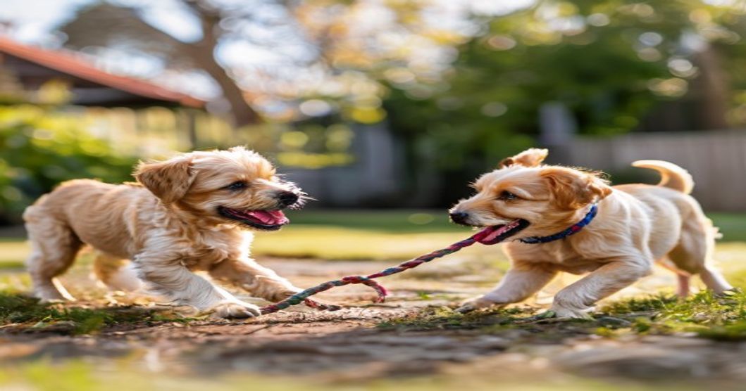 Dogs enjoying interactive play with rope toy, showing social enrichment benefits