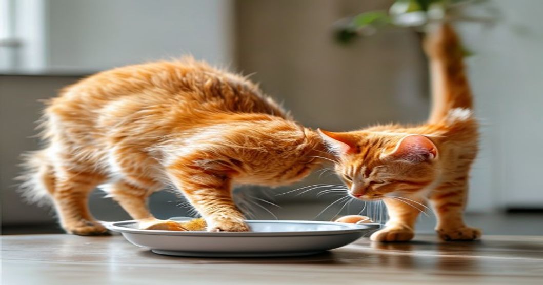 Before and after posture comparison - cat digestion improvement with elevated feeding height