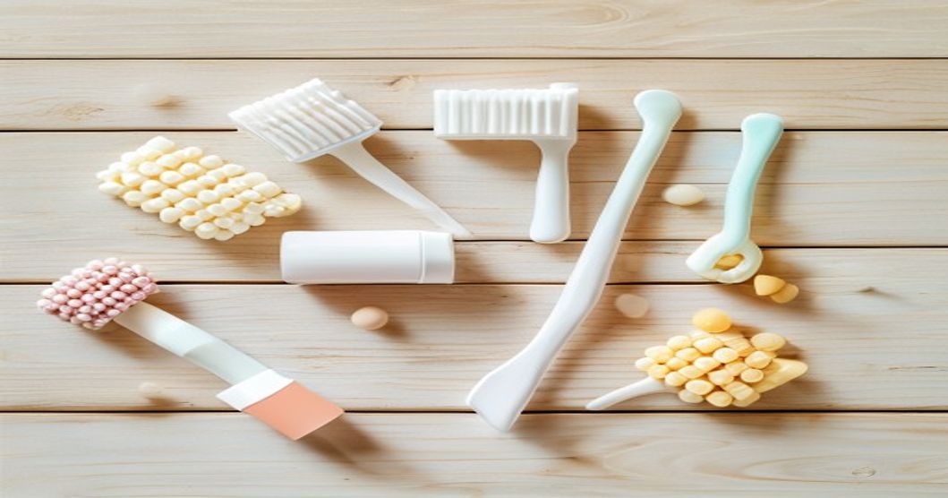 dog dental care products including enzymatic toothpaste and brushes laid out on wood surface