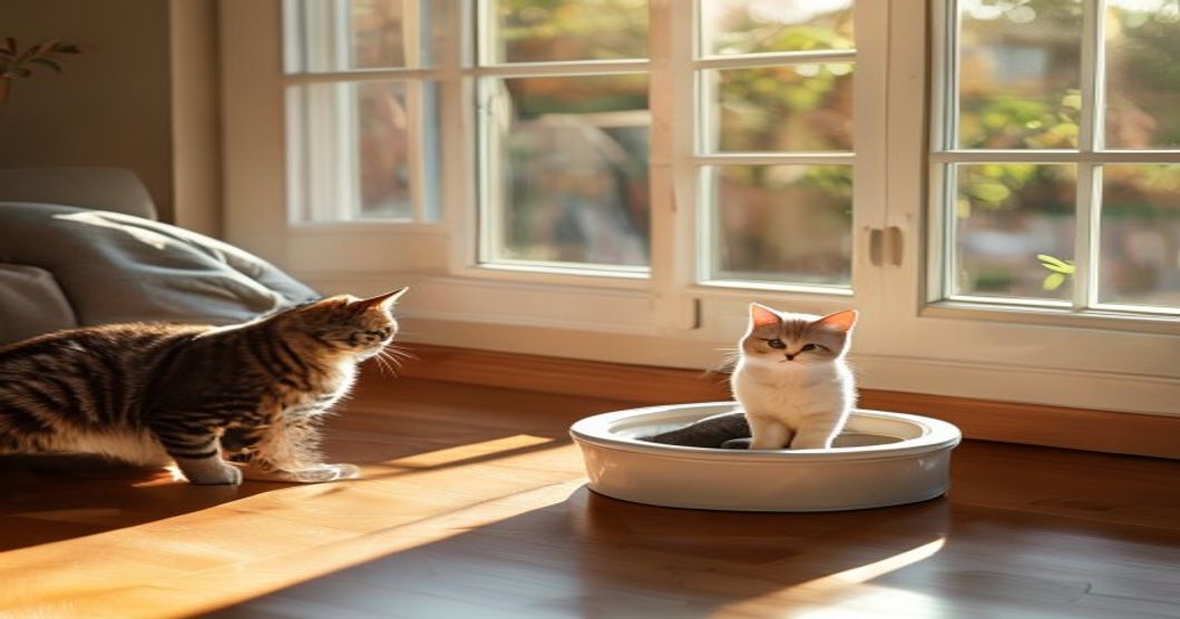 Pet water fountain positioned in home setting with cats nearby demonstrating everyday use